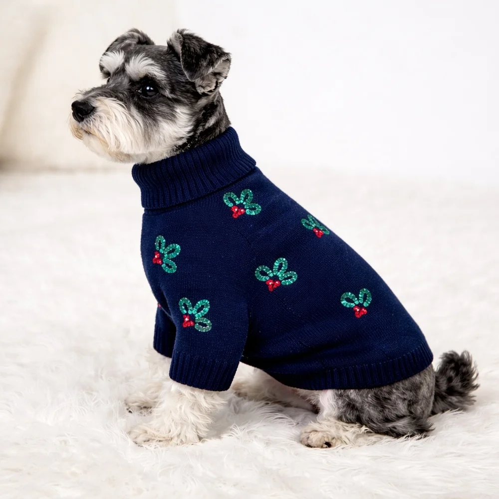 Navy Blue Christmas Pet Dog Sweater with Green & Red Holly Large New with Tags